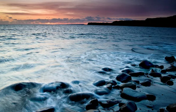 Picture sea, wave, landscape, sunset, stones, background, Wallpaper, shore