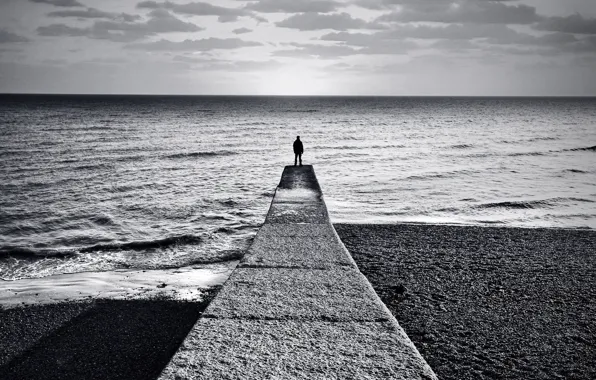 Sea, shore, people, black and white, pier, horizon