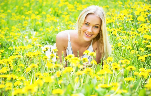 Grass, girl, flowers, blonde, dandelions, gray-eyed