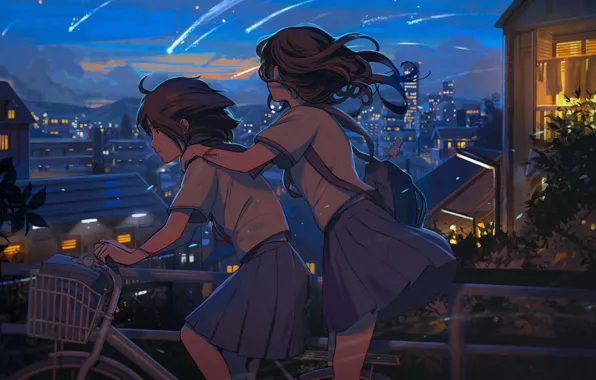 The sky, bike, the city, two, home, the evening, Japan, Schoolgirls