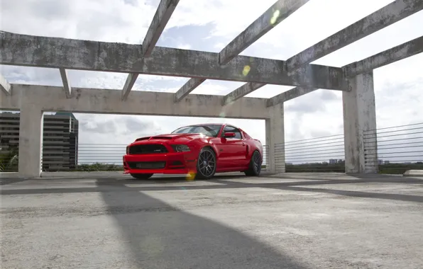 The sky, clouds, red, shadow, mustang, Mustang, red, ford