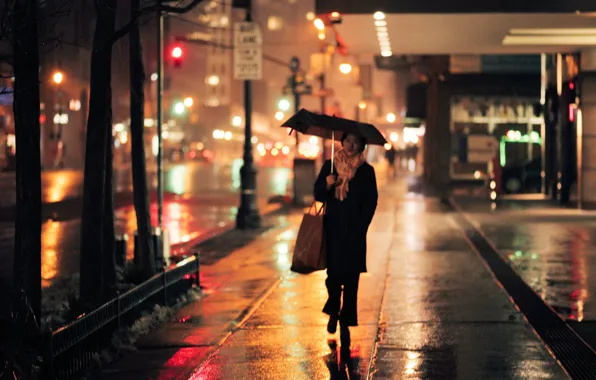 Picture lights, girl, nights, umbrella, street