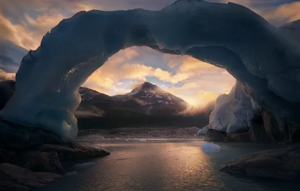 Mountains, shore, ice, arch, floe, pond