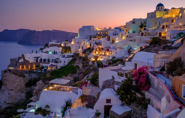 Picture sea, mountains, night, the city, island, home, Santorini, Greece