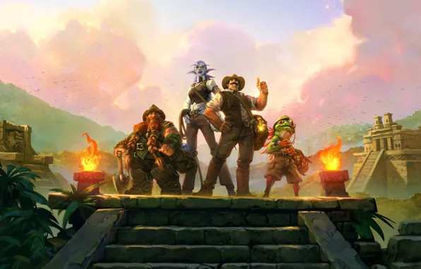 Art, heroes, Hearthstone, The League of explorers, hearthstone, Reno Jackson, Sir Finley Mrrgglton, Elise Starseeker