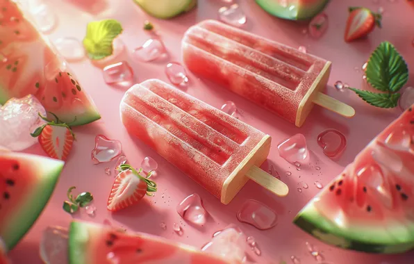 Ice, ice cream, pink background, watermelons, on a stick, fruit ice, AI art, neural network