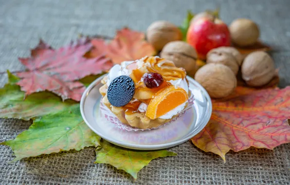 Picture autumn leaves, cake, dessert, cupcakes