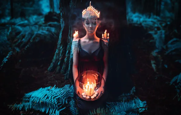 Girl, night, style, candles, fantasy, image, nymph, photoart