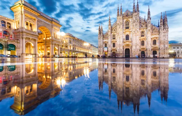 Night, lights, reflection, area, Italy, Cathedral, Milan, Duomo