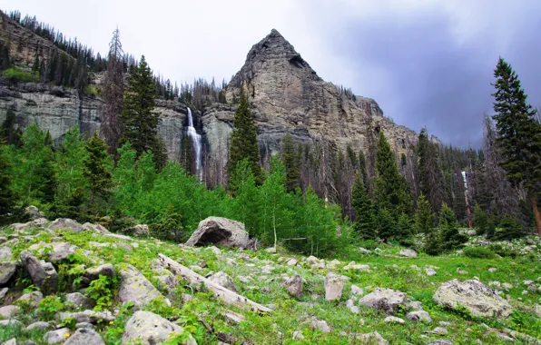The sky, trees, mountains, stones, waterfall, peak