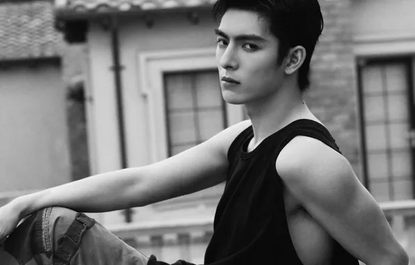 Look, pose, the building, guy, actor, black and white photo, chinese actor, Wang Hao Xuan