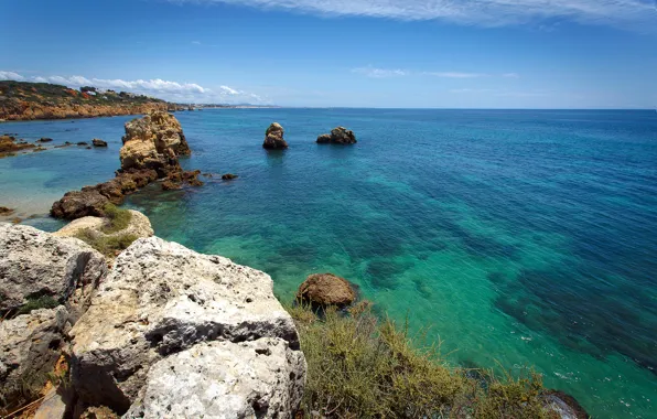 Sea, the sky, the sun, stones, coast, horizon, Portugal