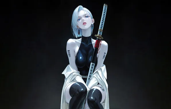 Girl, sword, fantasy, blue eyes, katana, tattoo, digital art, artwork