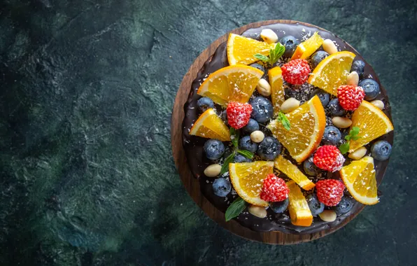 Berries, background, oranges, strawberry, cake, slices, blueberries