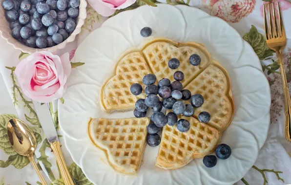 Flowers, berries, table, roses, blueberries, plate, spoon, knife