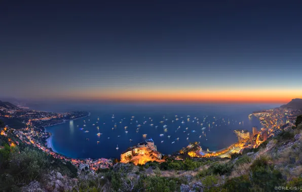 Sea, the city, lights, mountain, the evening, hill, Vista Palace over Monaco