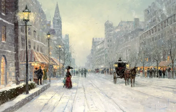 Winter, snow, city, the city, street, horse, Avenue, home