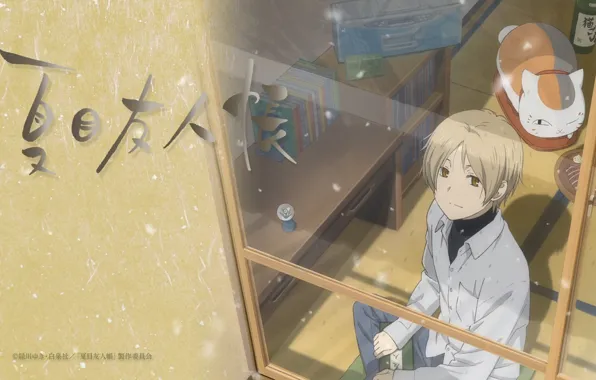 Cat, table, room, books, window, art, natsume yuujinchou, the Natsume book of friendship