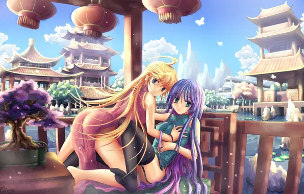 Picture the sky, clouds, trees, the city, girls, home, anime, art