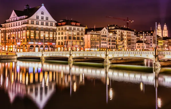 The sky, night, bridge, lights, river, home, crane