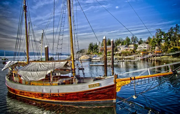 Sea, the sky, trees, landscape, nature, the ocean, boat, home