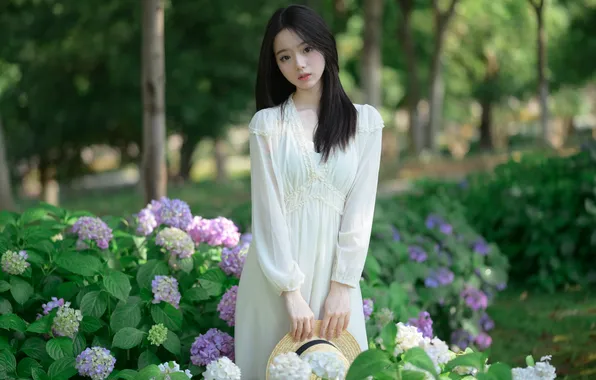 Beautiful, Asian, Model, Flowers, Woman, Hat, Cute, Trees