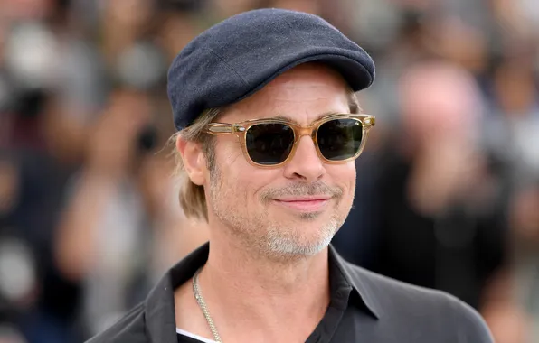Smile, background, portrait, glasses, cap, Brad Pitt, Brad Pitt, actor