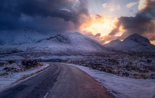 Road, mountain, morning, Scotland, United Kingdom, Crossal