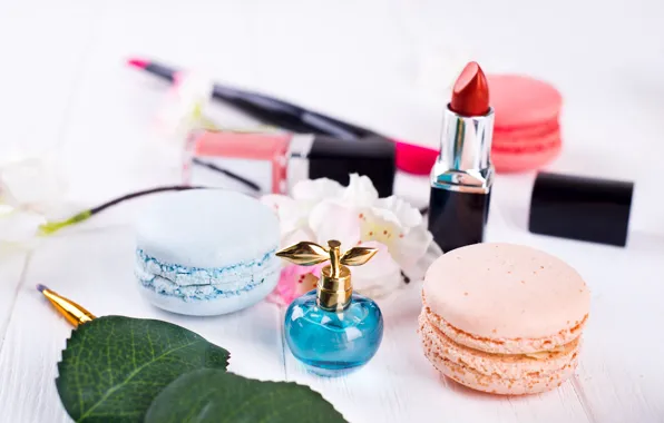 Perfume, lipstick, cosmetics, macaroon