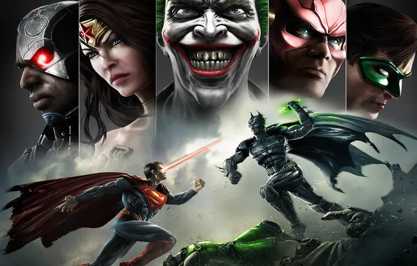 Picture smile, batman, superman, joker, green lantern, flash, Wonder women, Injustice: Gods Among Us
