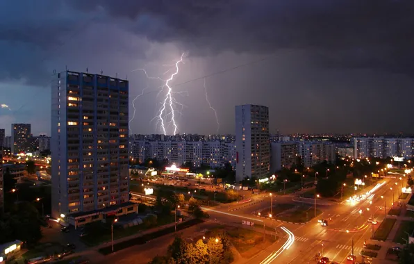 Road, lights, lightning, home, the evening, Moscow