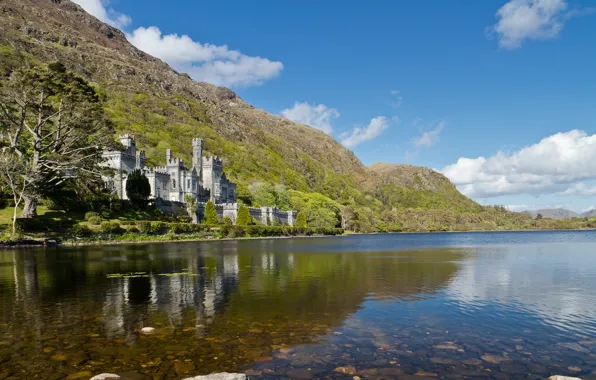The sky, clouds, mountains, lake, slope, Ireland, Kylemore Abbey