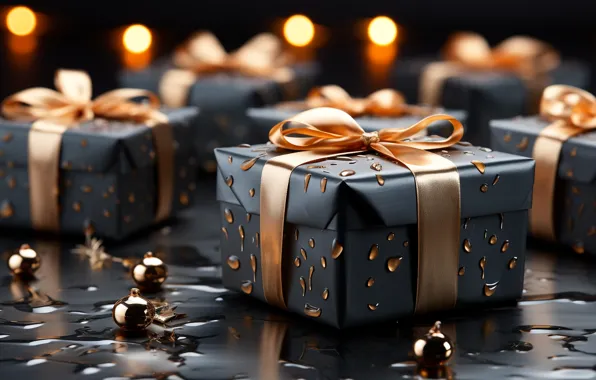 Water, drops, balls, lights, tape, the dark background, box, gift