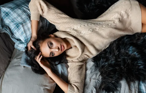 Look, girl, pose, pillow, hands, sweater, Pavel Ermakov
