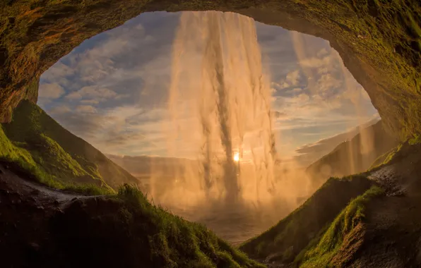 Waterfall, The sun, cave, Iceland, sun, waterfall, Iceland, Seljalandsfoss