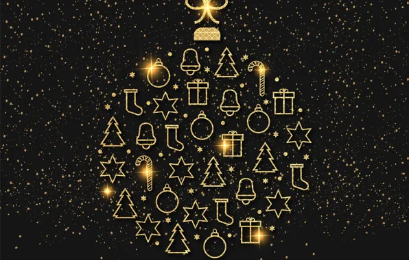 Decoration, gold, Christmas, New year, golden, christmas, black background, new year