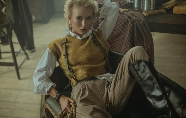 Look, girl, pose, boots, blonde, pants, vest, Valeriya Mytnik