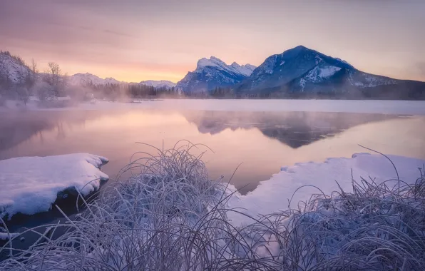 Winter, snow, mountains, lake, Canada, Albert, Banff National Park, Alberta