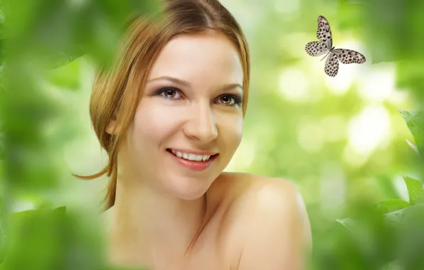 Picture greens, look, girl, joy, smile, butterfly, foliage, positive