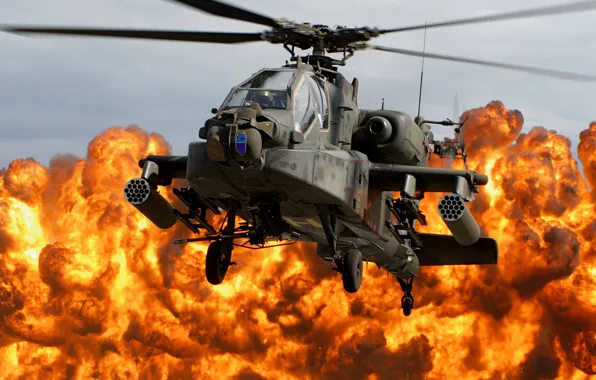 The explosion, fire, helicopter, cabin, blades, Apache, AH-64D, Napalm