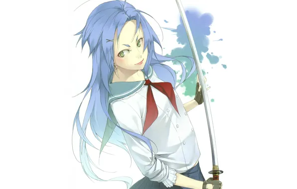 Picture katana, white background, gloves, schoolgirl, blue hair, art, sailor, kyo kuroichigo