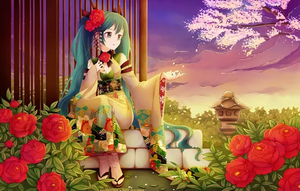 Girl, flowers, roses, the evening, Sakura, art, vocaloid, hatsune miku