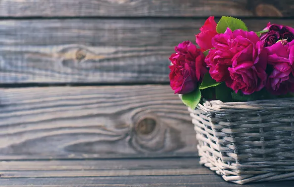 Basket, roses, pink, wood, pink, flowers, beautiful