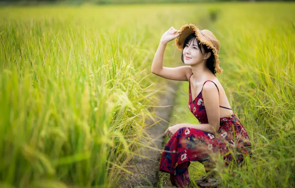 Girl, smile, hat, dress, Asian, bokeh