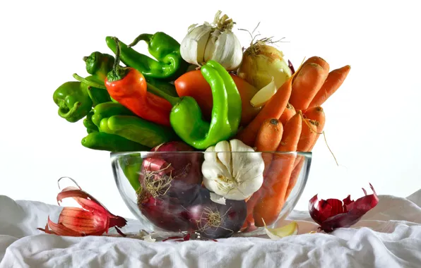 Food, bow, white background, fabric, pepper, bowl, still life, sharp