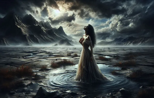 The sky, water, girl, mountains, night, clouds, nature, fog