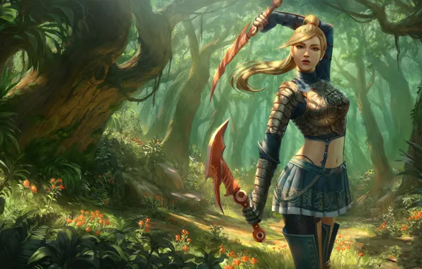 Forest, girl, swords, Text 2