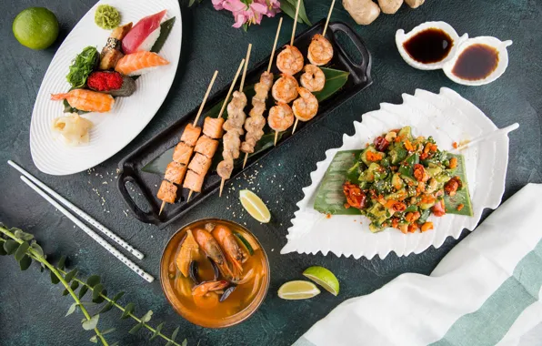 Sushi, salad, shrimp, cuts, Seafood