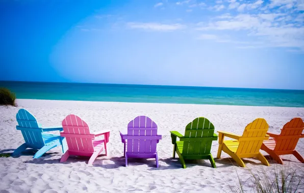 Sand, sea, beach, the sky, landscape, color, rainbow, chaise