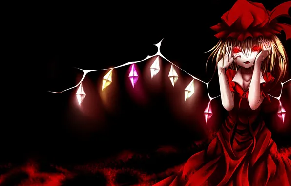 Picture red dress, red eyes, art, bloody tears, vampire, crazy, Touhou Project, Flandre Scarlet